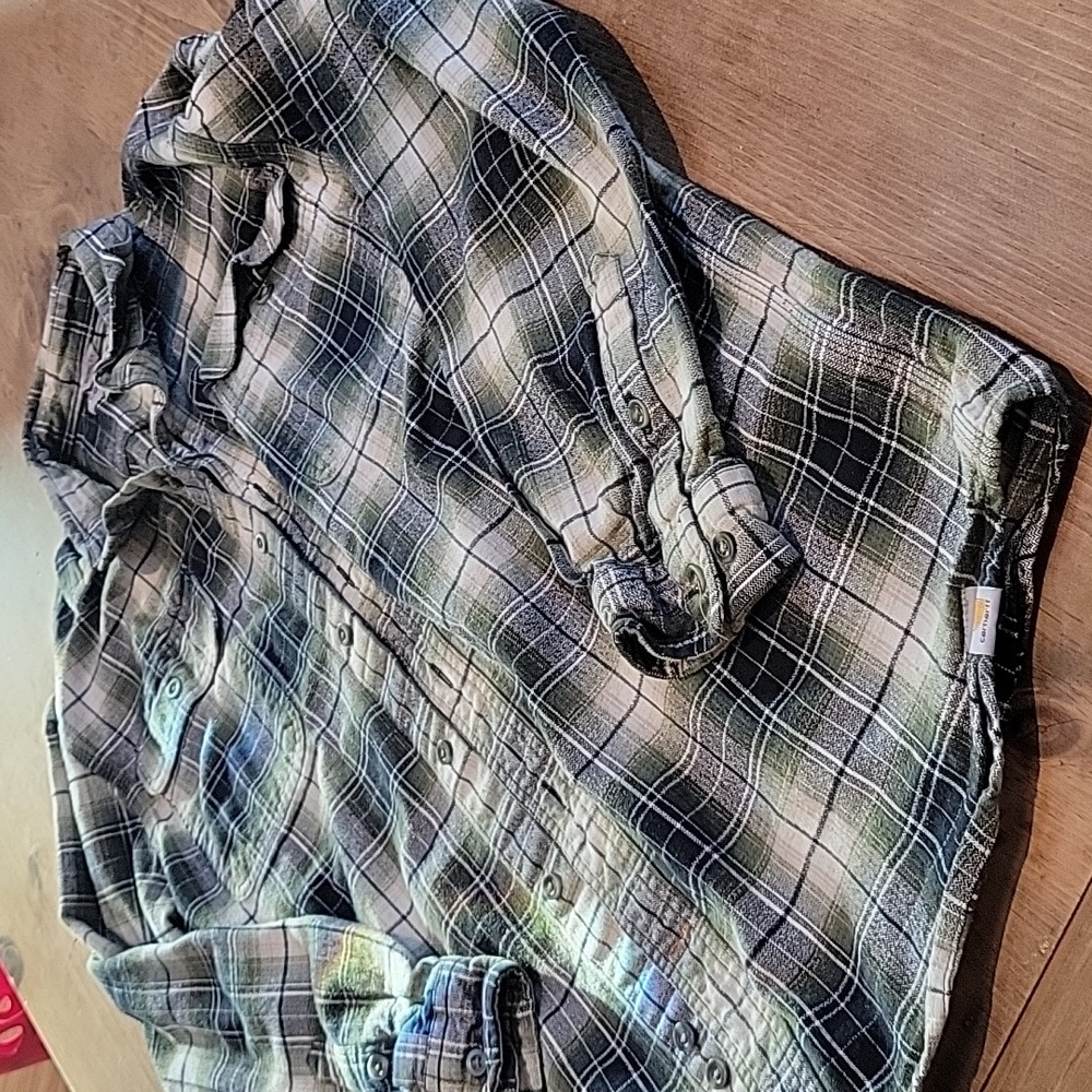 Carhartt Men's Plaid Button-Down Shirt in Black, White, Green - Picture 4 of 4